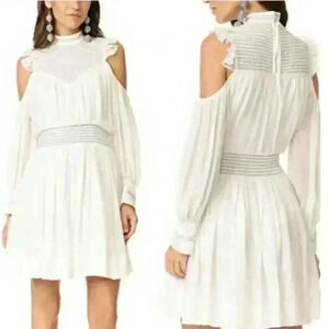 NWT Cing A Sept Shahla Dress Ivory Ruffled Cold Shoulder 100% Silk Mini Size 4